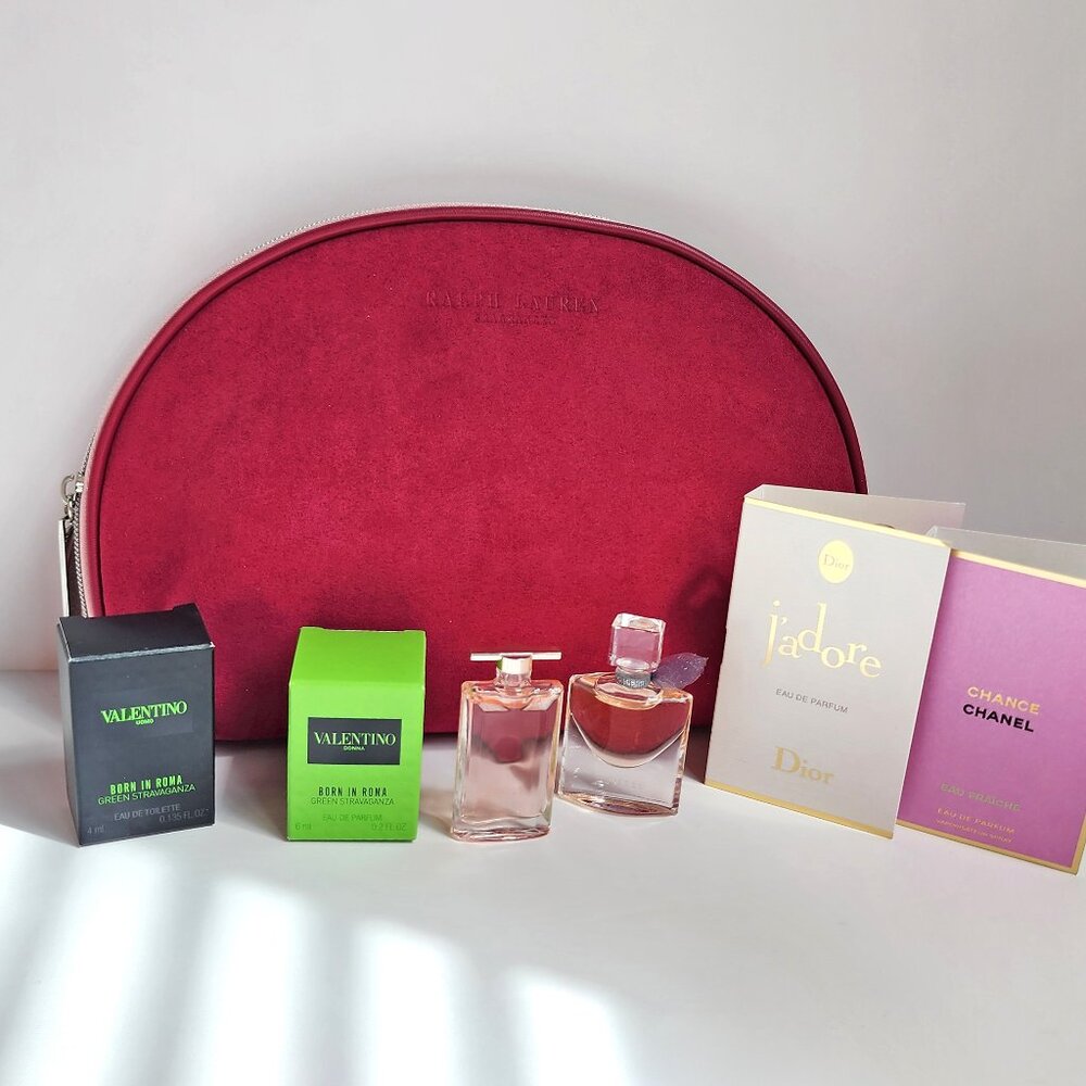 NEW 5-Pc Fragrance Mini Set + Ralph Lauren Suede Bag - Valentino, Lancôme